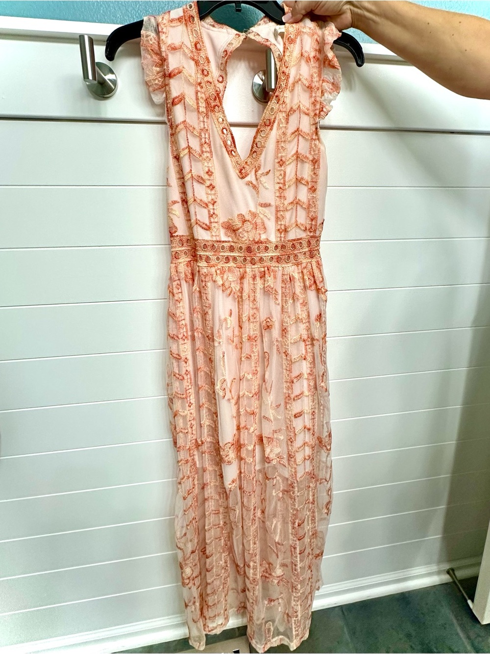 Altar'd State Peach Embroidered Ruffle Sleeve Maxi Dress
